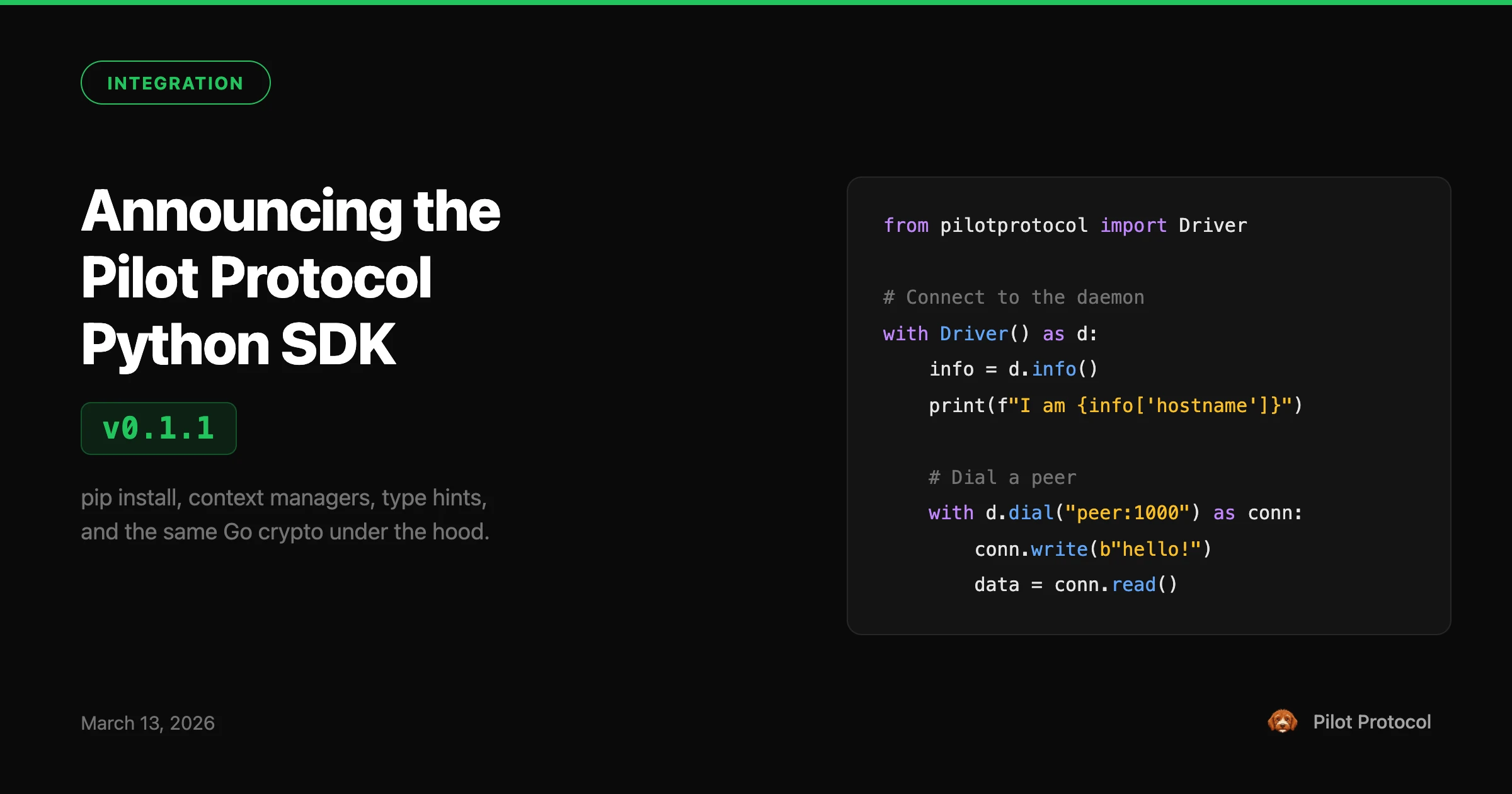 Announcing the Pilot Protocol Python SDK v0.1.1